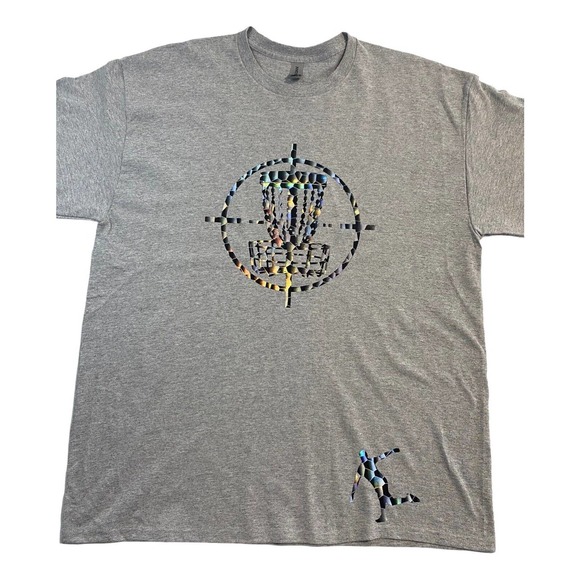 Disc Golf Shirt HOLOGRAPHIC BASKET TARGET Logo XL Graphic T-Shirt Gildan Grey - Picture 4 of 6